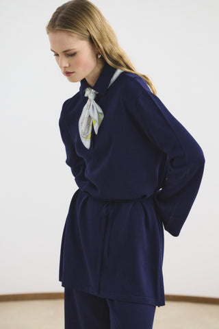 Polo Collar Knit Tunic and Trousers Set Navy