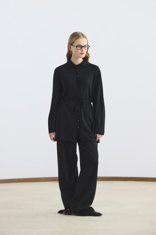 Polo Collar Knit Tunic and Pants Set Black