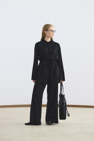 Polo Collar Knit Tunic and Pants Set Black