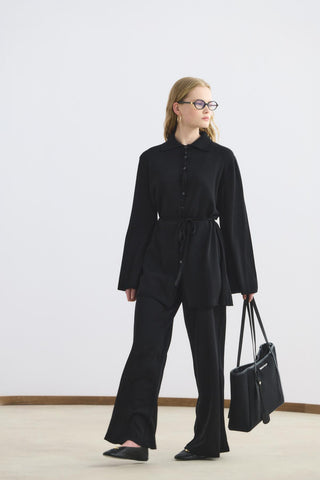 Polo Collar Knit Tunic and Pants Set Black