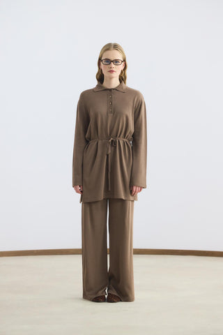 Polo Collar Knit Tunic and Pants Set Brown