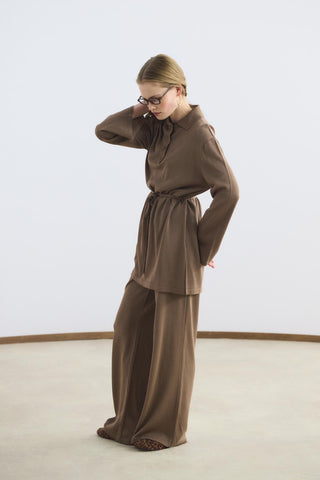 Polo Collar Knit Tunic and Pants Set Brown