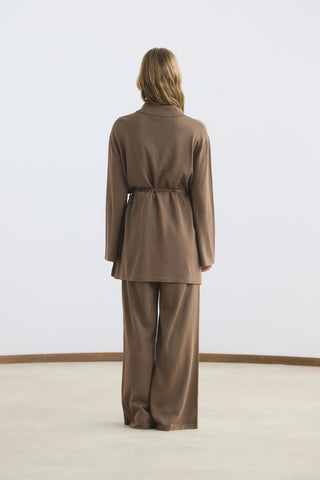 Polo Collar Knit Tunic and Pants Set Brown
