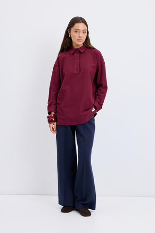 Polo Neck Side Slit Sweatshirt Burgundy