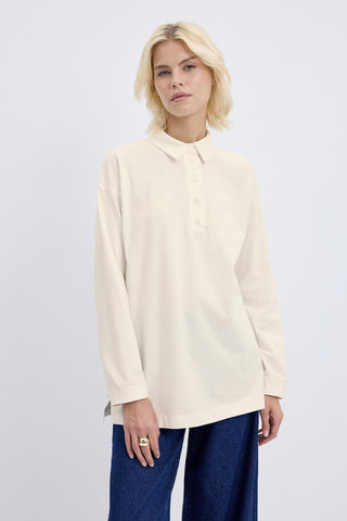 Polo Neck Side Slit Sweatshirt Ecru