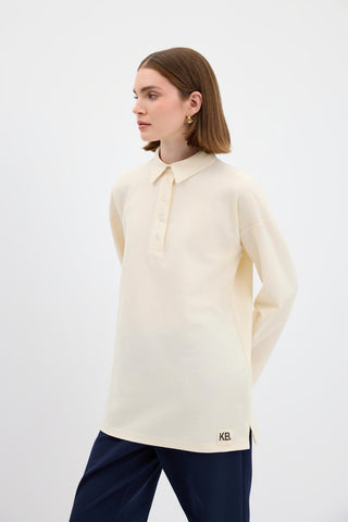 Polo Neck Side Slit Sweatshirt Ecru