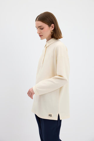 Polo Neck Side Slit Sweatshirt Ecru