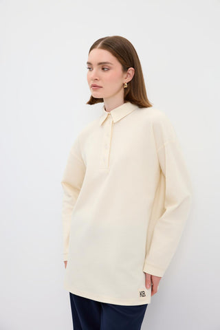 Polo Neck Side Slit Sweatshirt Ecru