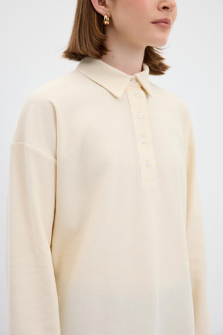 Polo Neck Side Slit Sweatshirt Ecru