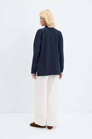 Polo Neck Side Slit Sweatshirt Navy Blue