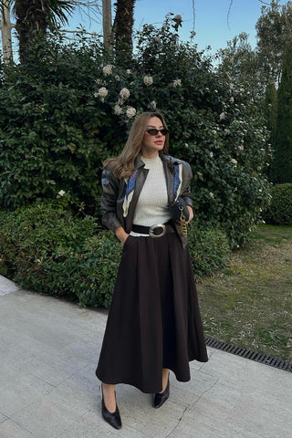 Poly Pleated Skirt Brown