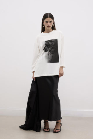 Printed Flower Basic Cotton Knitted Blouse Ecru