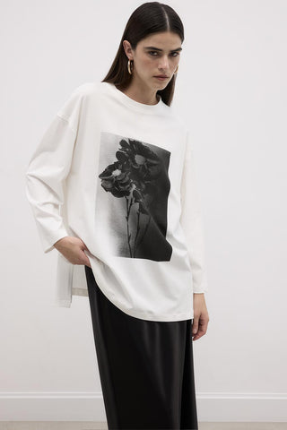 Printed Flower Basic Cotton Knitted Blouse Ecru