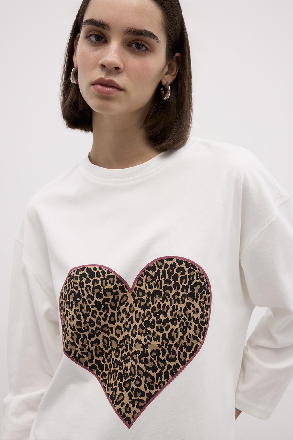 Printed Leopard Basic Cotton Knitted Blouse Ecru