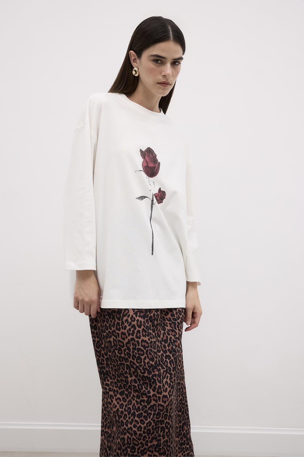 Printed Rose Basic Cotton Knitted Blouse Ecru