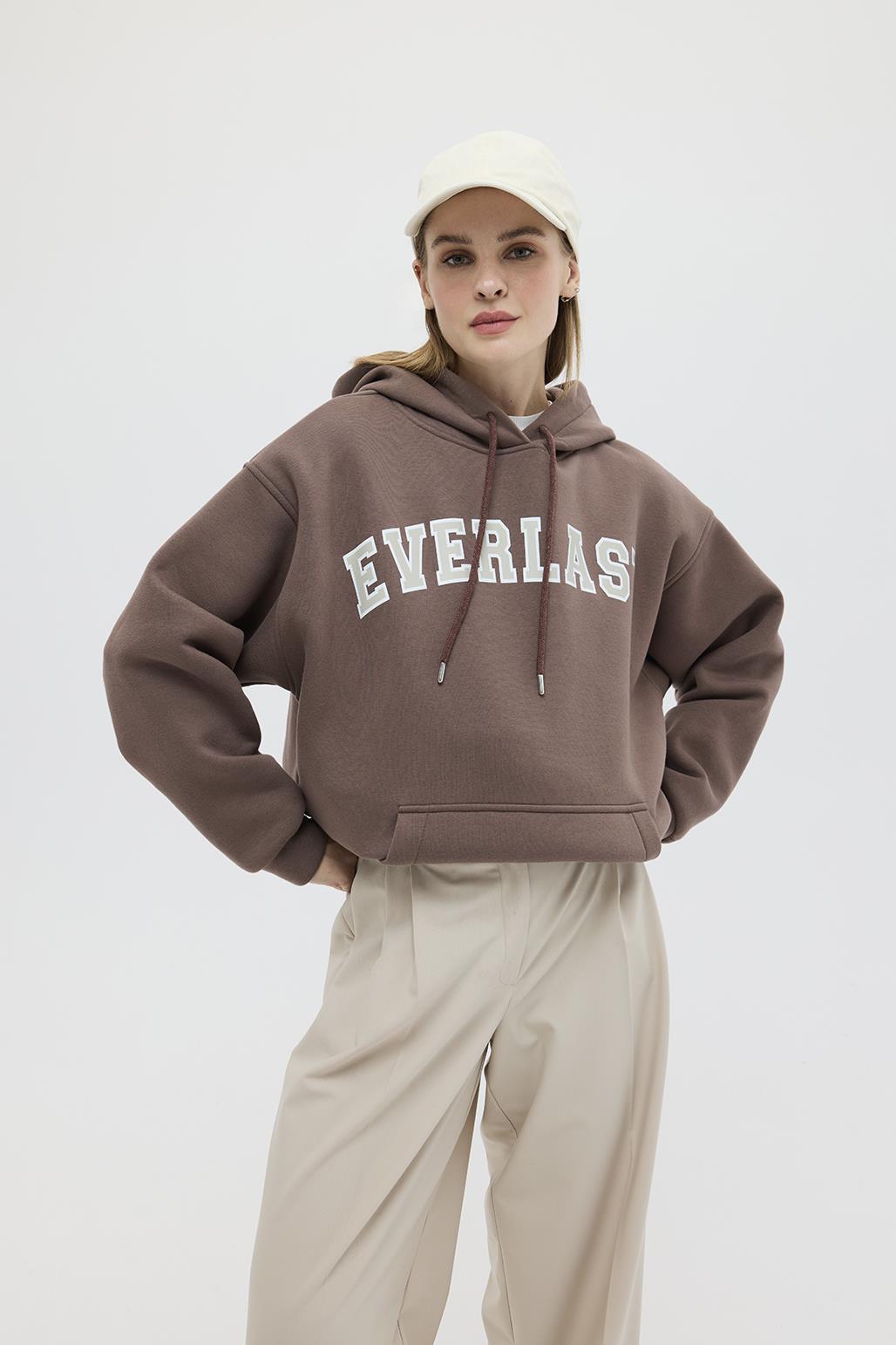 Printed Oversized Hooded Sweatshirt Brown