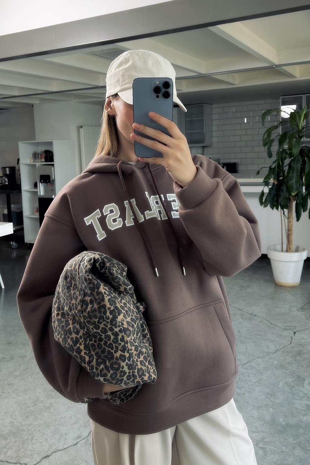 Printed Oversized Hooded Sweatshirt Brown