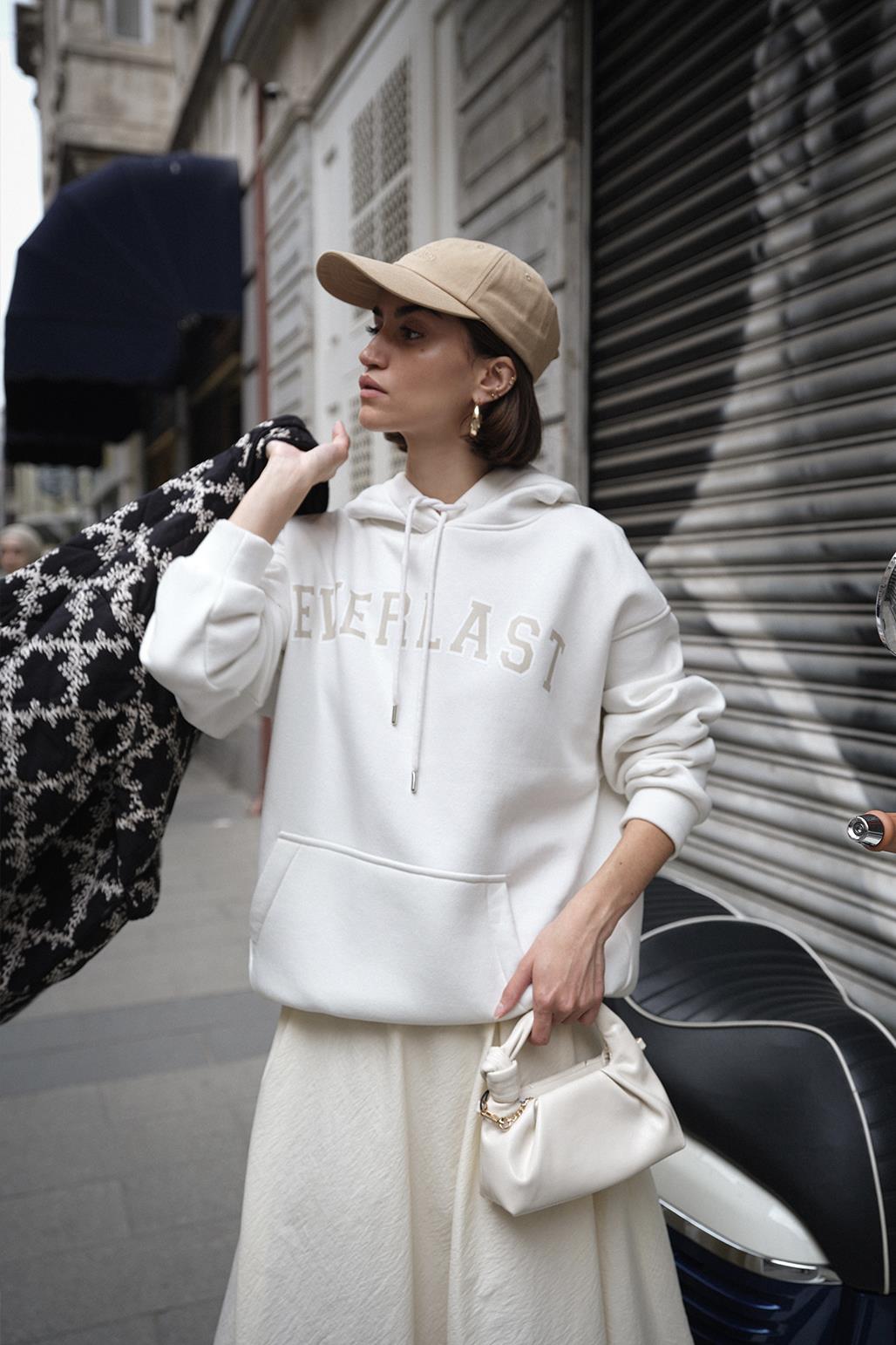 Printed Oversized Hooded Sweatshirt White