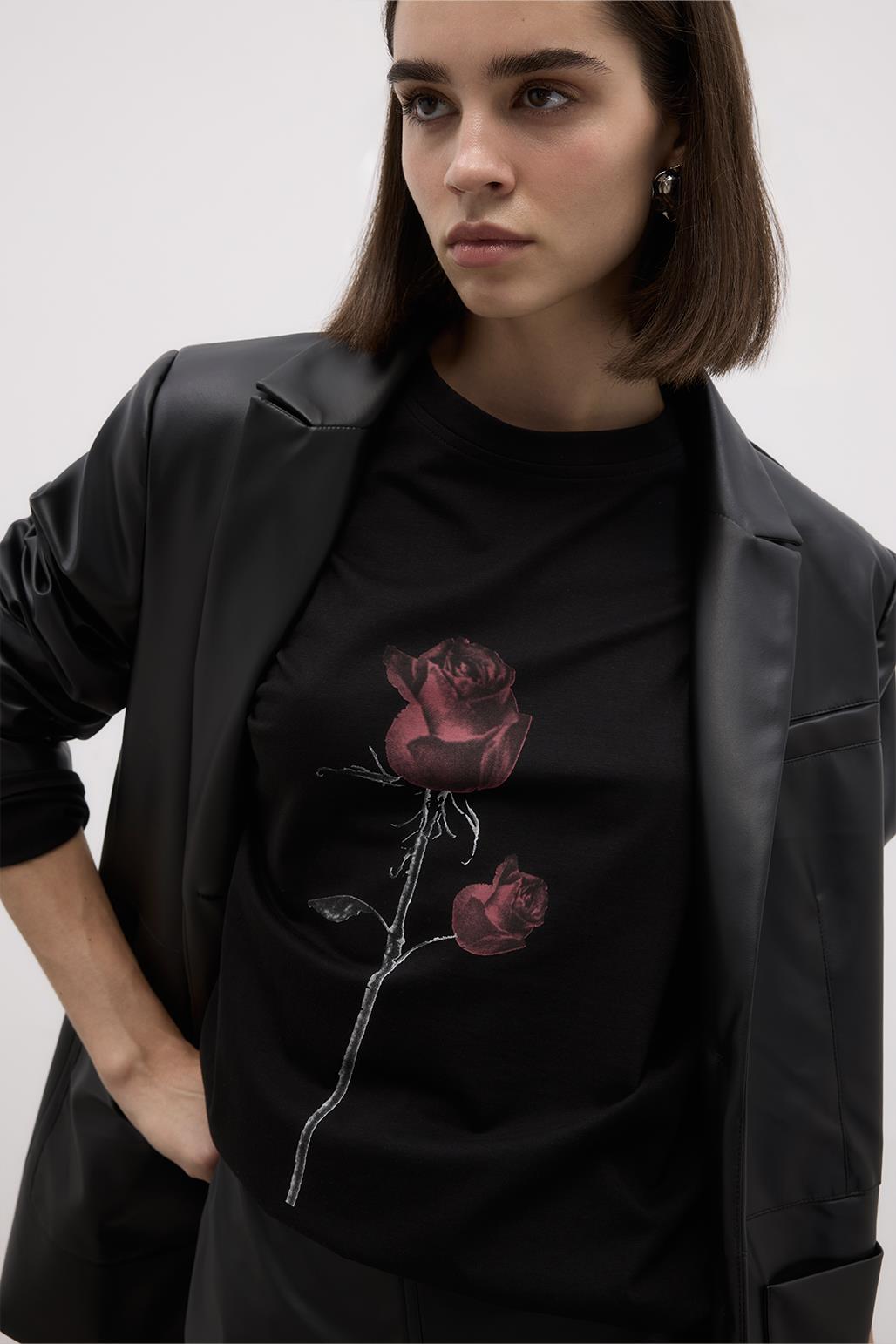 Printed Rose Basic Cotton Knitted Blouse Black