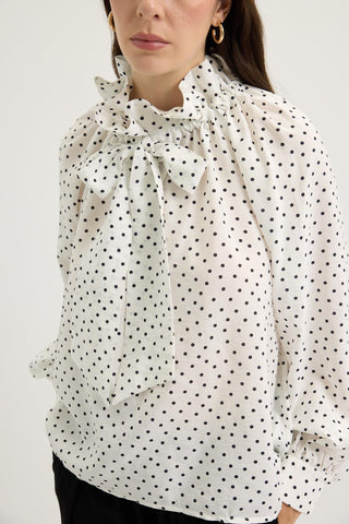 Polka Dot Collar Detail Scarf Shirt White