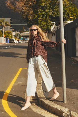 Polka Dot Collar Detail Scarf Shirt Brown