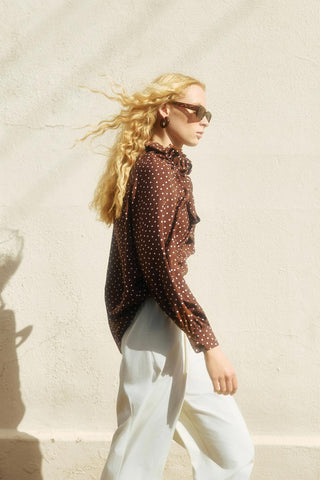Polka Dot Collar Detail Scarf Shirt Brown