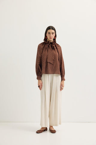 Polka Dot Collar Detail Scarf Shirt Brown
