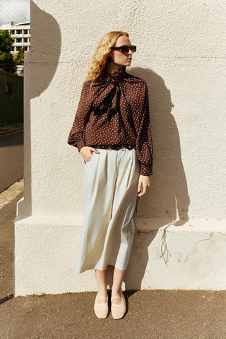 Polka Dot Collar Detail Scarf Shirt Brown