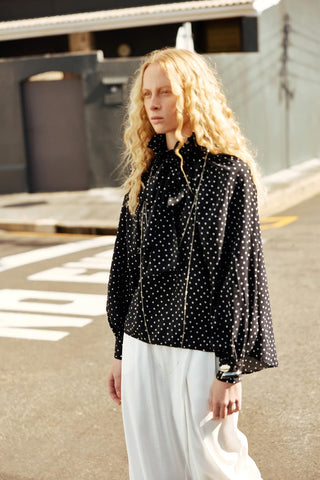 Polka Dot Collar Detail Scarf Shirt Black