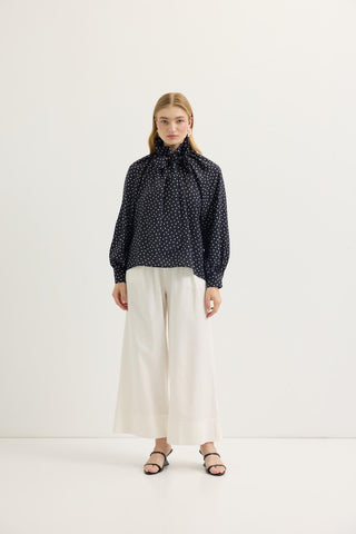 Polka Dot Collar Detail Scarf Shirt Black