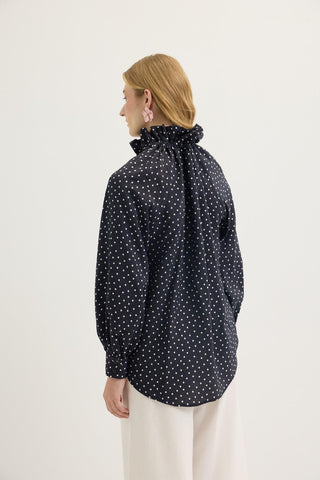 Polka Dot Collar Detail Scarf Shirt Black