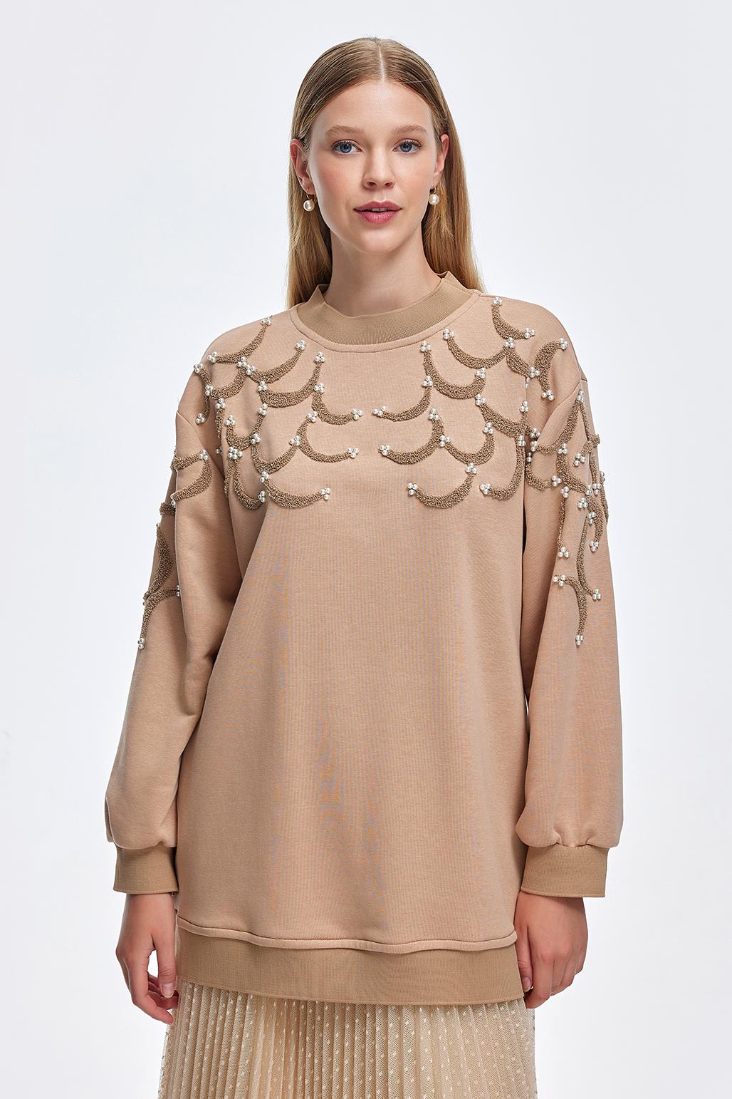 Punch Embroidery Tunic with Pearl Mink