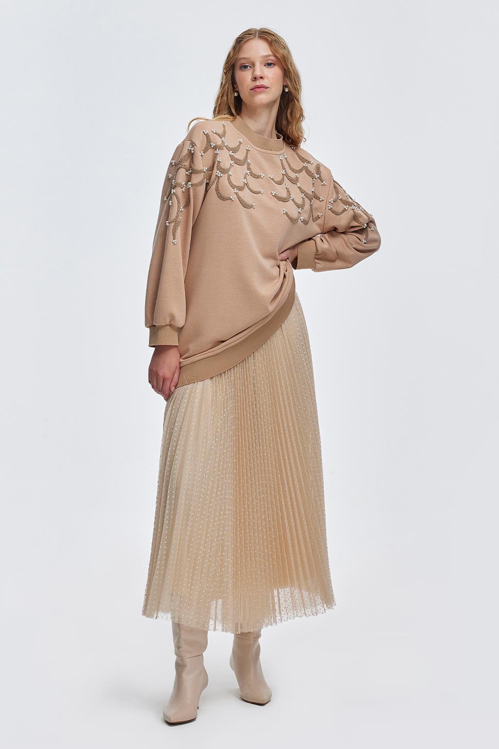 Punch Embroidery Tunic with Pearl Mink