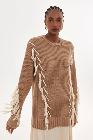 Knit Sweater With Tassels Mink