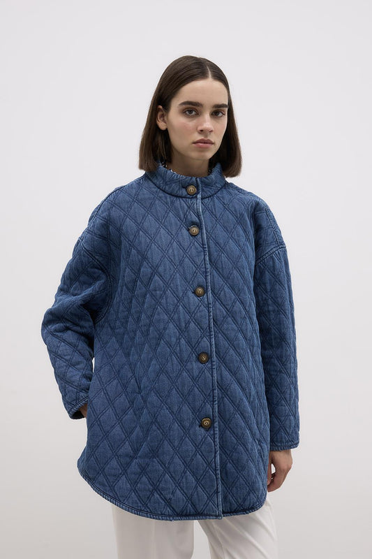 Quilted Denim Coat Medium Blue