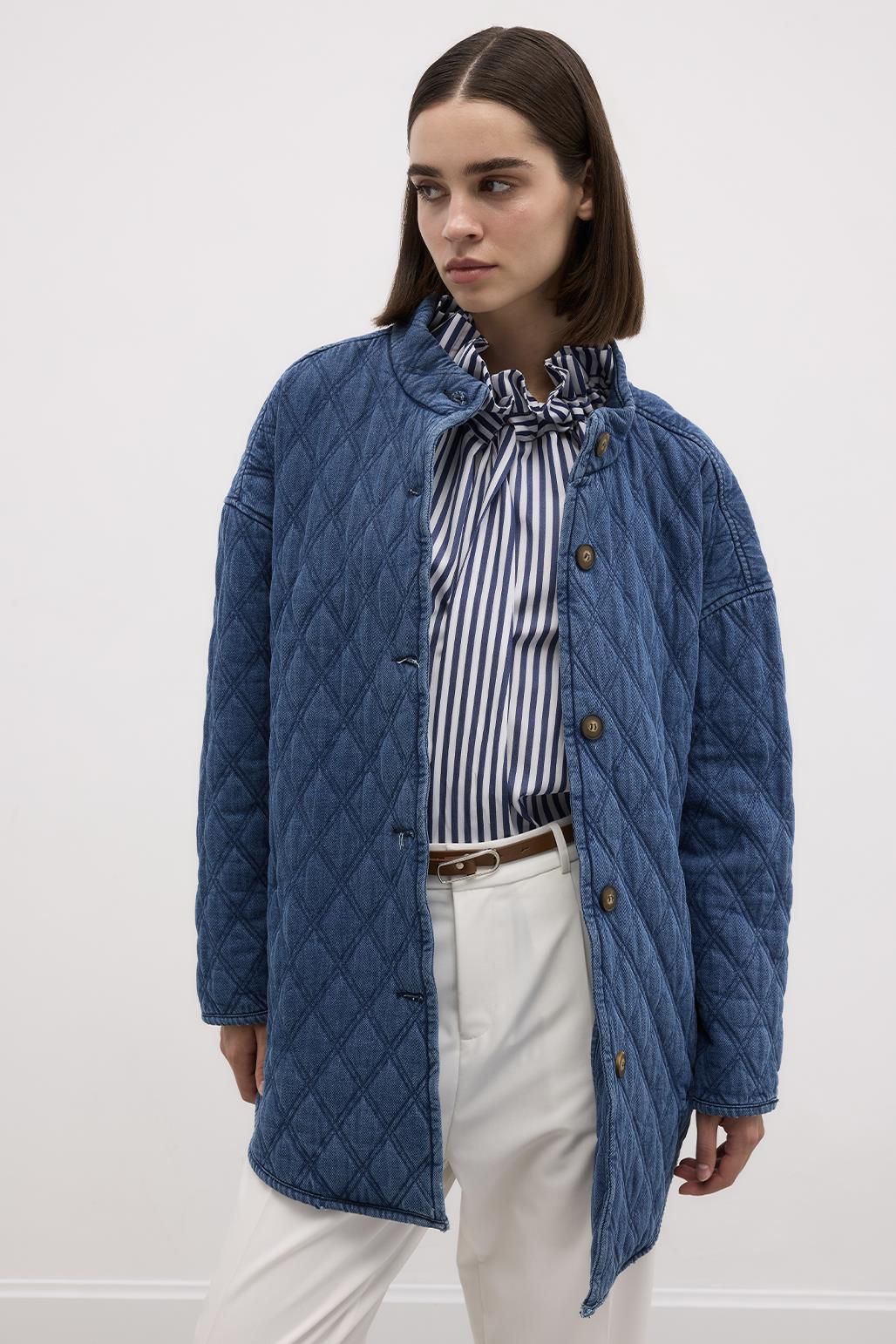 Quilted Denim Coat Medium Blue