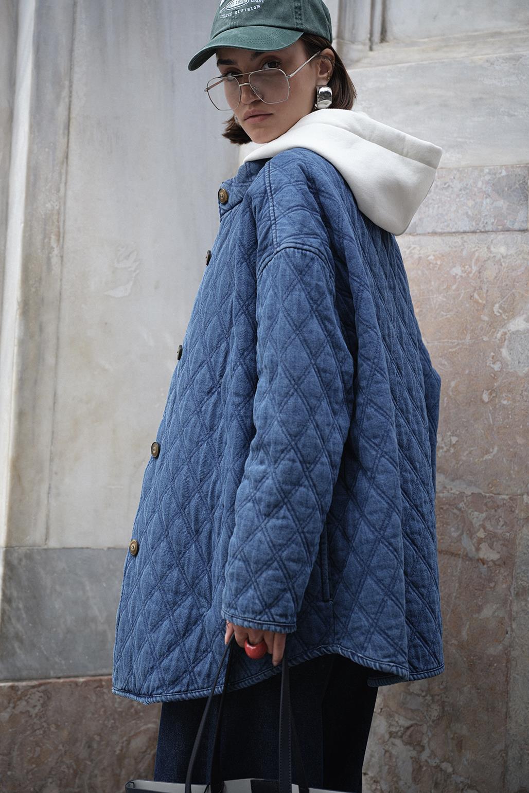 Quilted Denim Coat Medium Blue