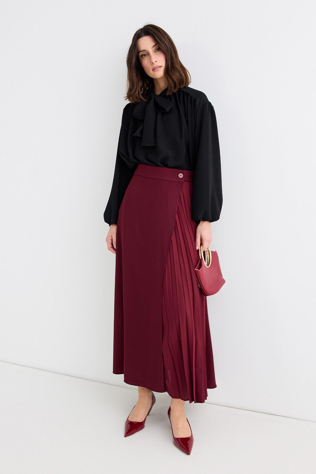 Rita Pleated Wrap Skirt Burgundy