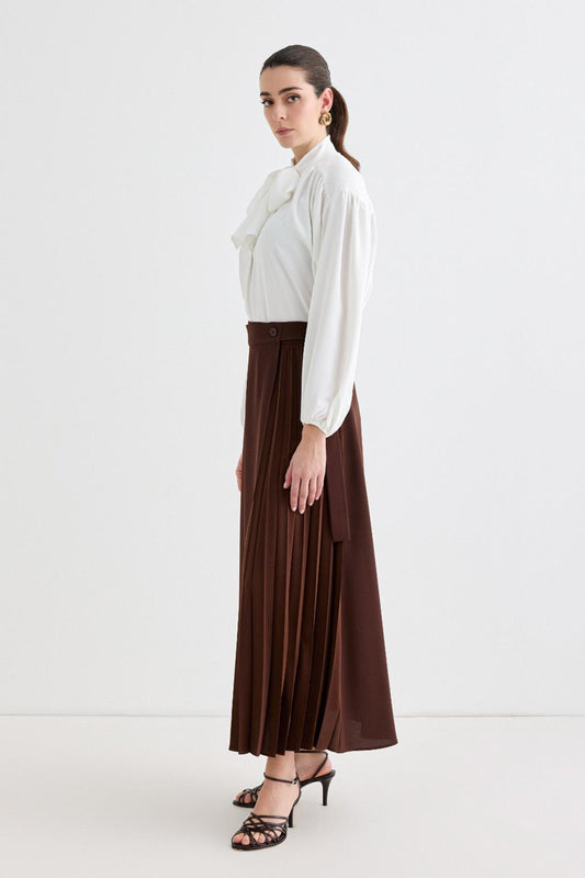 Rita Pleated Wrap Skirt Brown