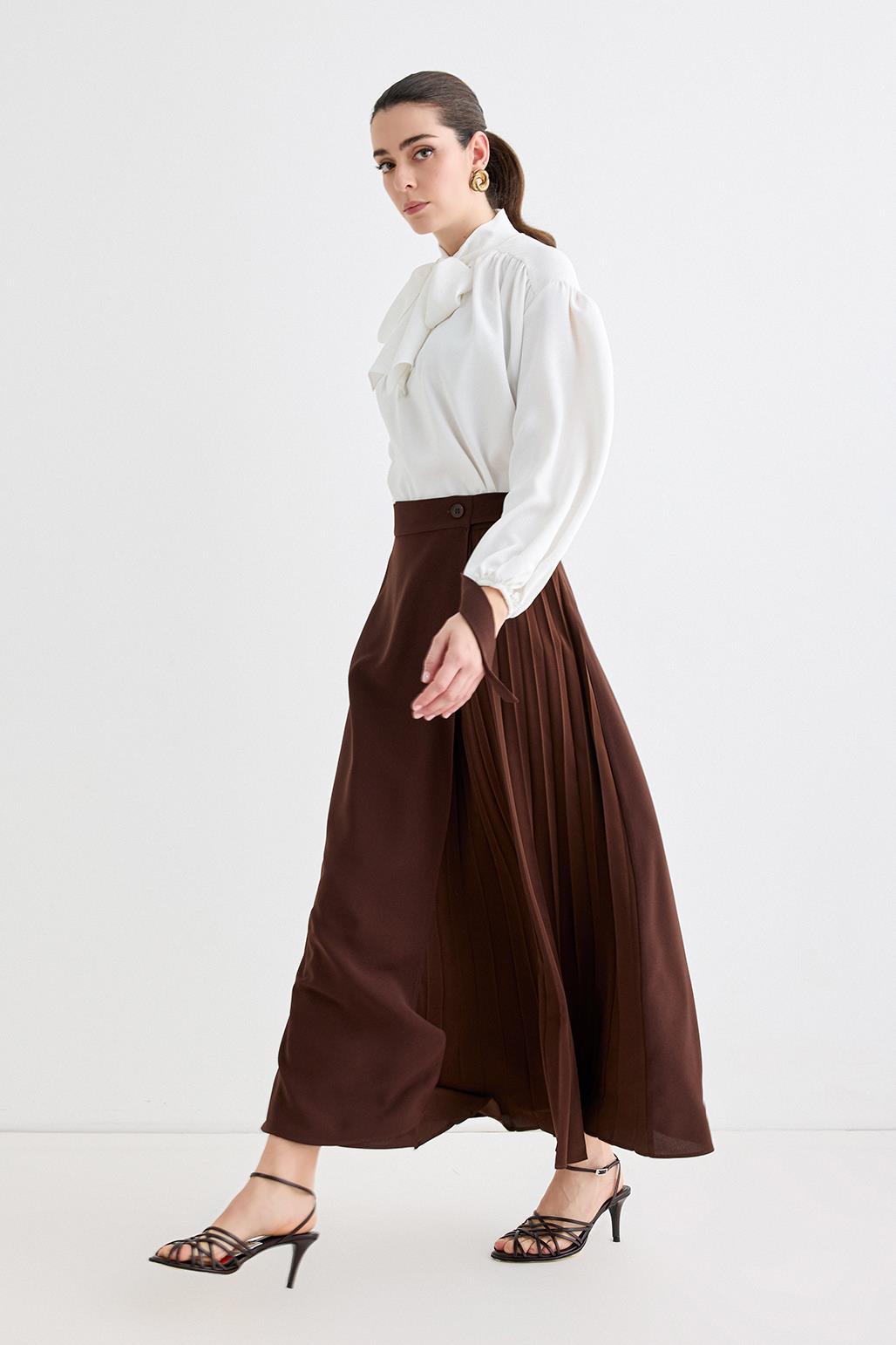 Rita Pleated Wrap Skirt Brown