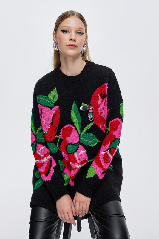 Rose Embroidered Knit Sweater With Pattern