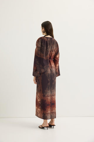 Shawl Collar Patterned Dress Brown