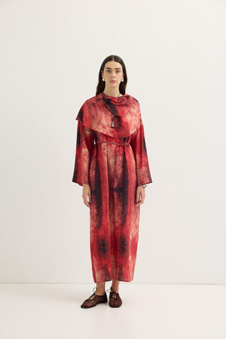 Shawl Collar Patterned Dress Red