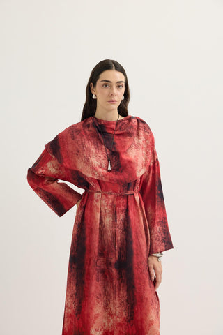 Shawl Collar Patterned Dress Red