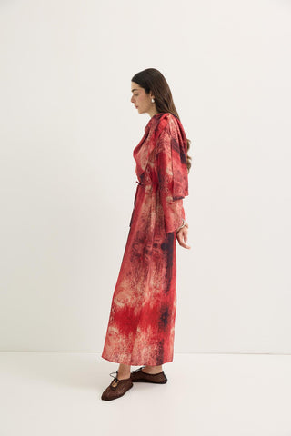 Shawl Collar Patterned Dress Red