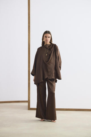 Shawl Collar Detailed Trousers Set Dark Brown