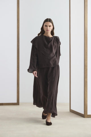 Shawl Collar Shirt Skirt Set Dark Brown