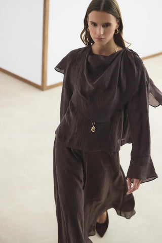 Shawl Collar Shirt Skirt Set Dark Brown