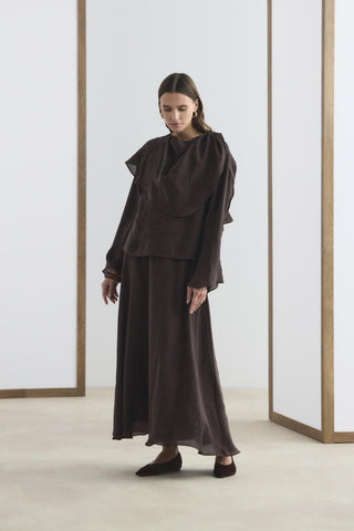 Shawl Collar Shirt Skirt Set Dark Brown