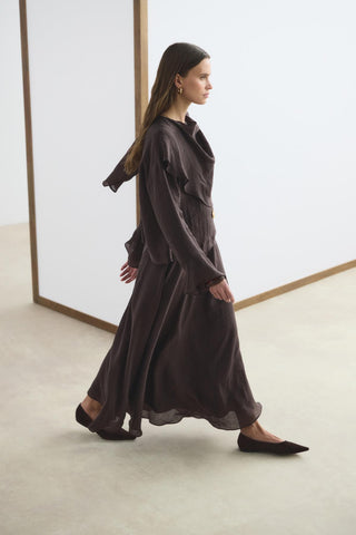 Shawl Collar Shirt Skirt Set Dark Brown
